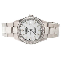 Rolex Datejust-Uhr mit Diamantlünette und weißem Stick-Zifferblatt