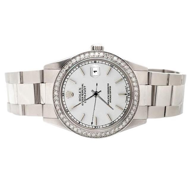 Rolex Datejust-Uhr mit Diamantlünette und weißem Stick-Zifferblatt