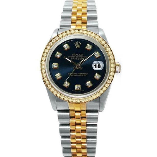 Rolex Datejust-Uhr mit schwarzem Diamant-Zifferblatt, massivem Gold und Stahl, SCHNELLSET
