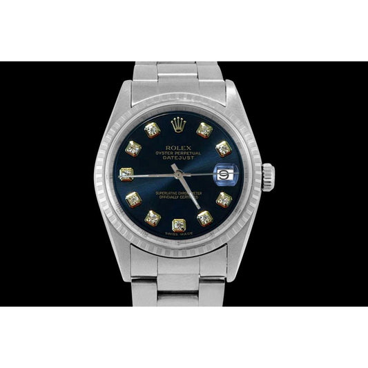 Rolex Datejust-Uhr mit schwarzem Diamant-Zifferblatt und geriffelter Lünette. Oyster. SCHNELLES SET