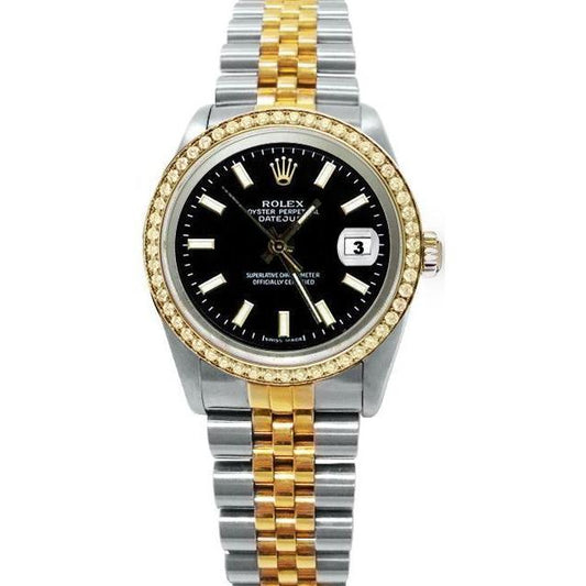 Rolex Datejust-Uhr mit schwarzem Stick-Zifferblatt, Diamant-Lünette, Gold und Edelstahl, SCHNELLES SET
