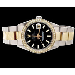 Rolex Datejust-Uhr mit schwarzem Zifferblatt und Edelstahl-Lünette und goldener Lünette
