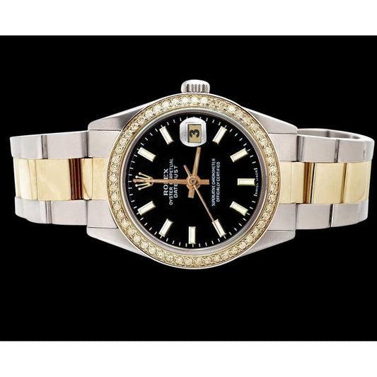 Rolex Datejust-Uhr mit schwarzem Zifferblatt und Edelstahl-Lünette und goldener Lünette
