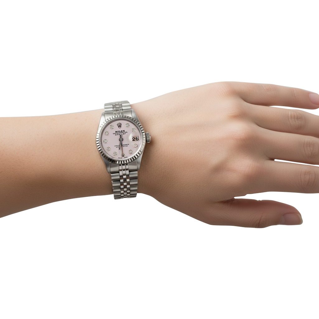 Rolex Datejust-Uhr, weißes Diamant-Zifferblatt, Jubilee-Edelstahluhr P5