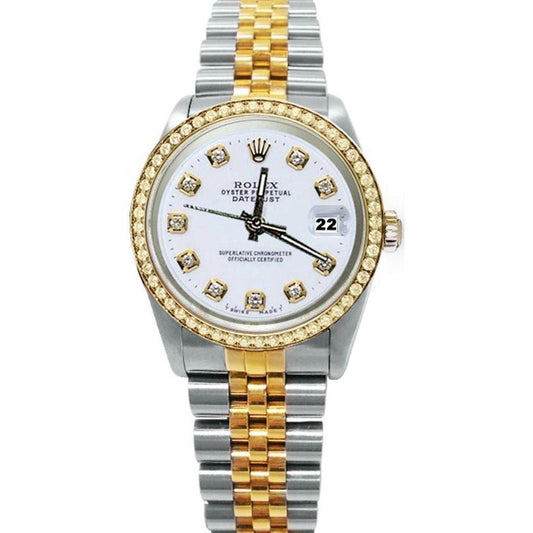 Rolex Datejust-Uhr, weißes Diamant-Zifferblatt, Lünette aus massivem Gold und Edelstahl
