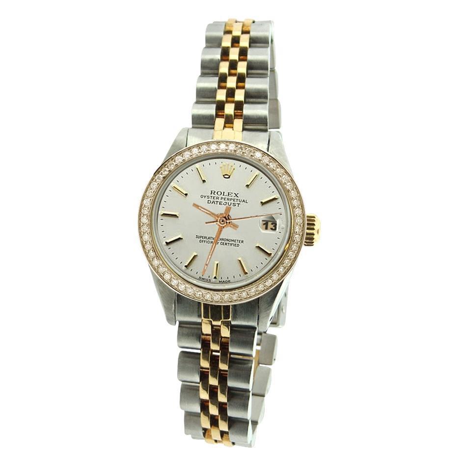 Rolex Datejust Damenuhr aus Edelstahl und Golden, weißes Zifferblatt mit Diamanten
