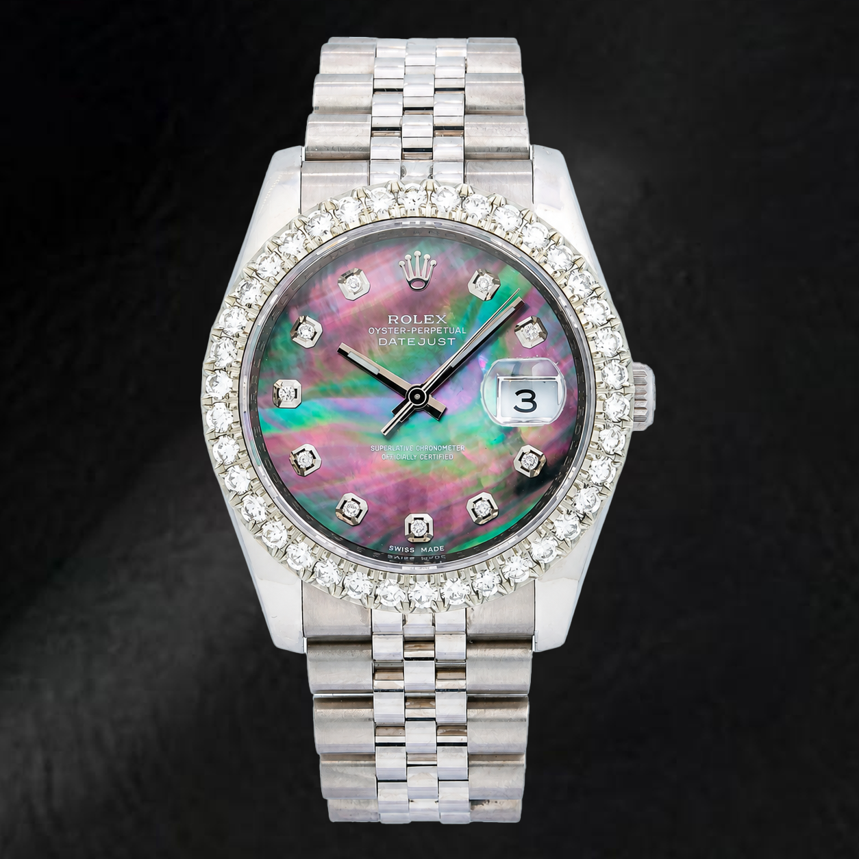 Rolex Datejust 116234 36 mm Uhr aus Edelstahl mit schwarzem Perlmutt-Diamantzifferblatt