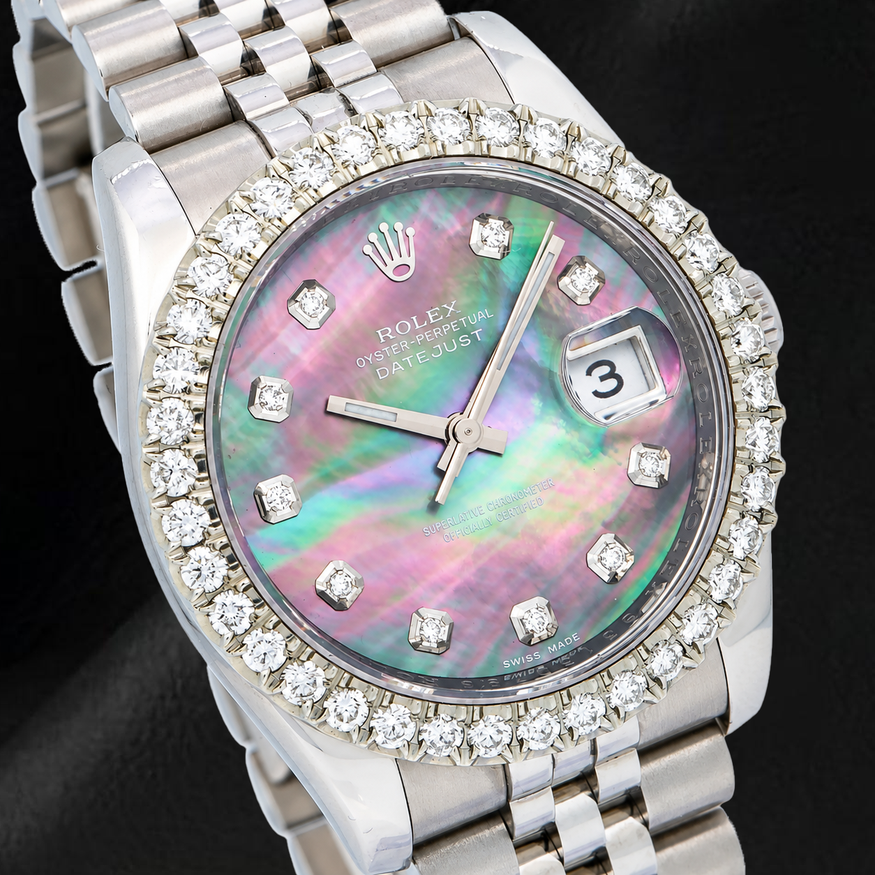 Rolex Datejust 116234 36 mm Uhr aus Edelstahl mit schwarzem Perlmutt-Diamantzifferblatt