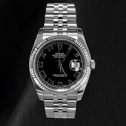 Rolex Datejust 116234 36 mm Edelstahl-Uhr mit schwarzem Zifferblatt mit römischen Ziffern