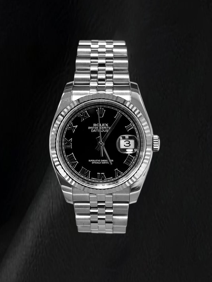 Rolex Datejust 116234 36 mm Edelstahl-Uhr mit schwarzem Zifferblatt mit römischen Ziffern
