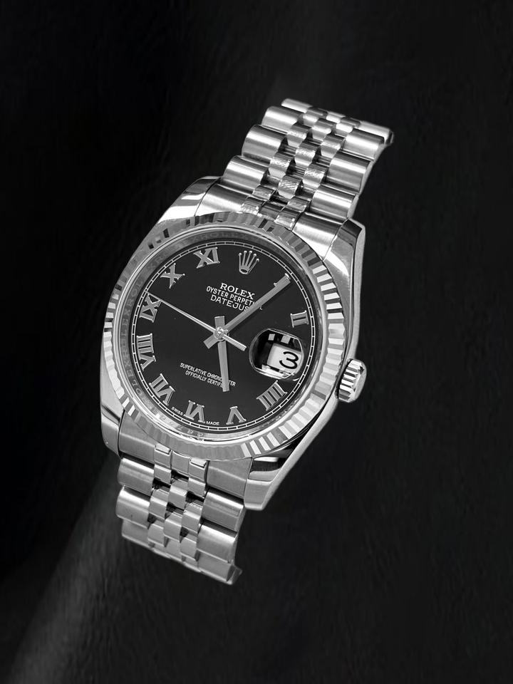 Rolex Datejust 116234 36 mm Edelstahl-Uhr mit schwarzem Zifferblatt mit römischen Ziffern