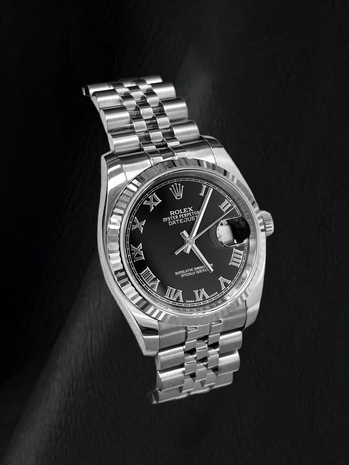 Rolex Datejust 116234 36 mm Edelstahl-Uhr mit schwarzem Zifferblatt mit römischen Ziffern