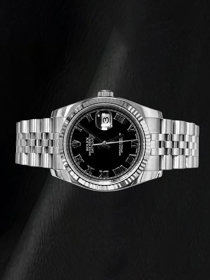 Rolex Datejust 116234 36 mm Edelstahl-Uhr mit schwarzem Zifferblatt mit römischen Ziffern