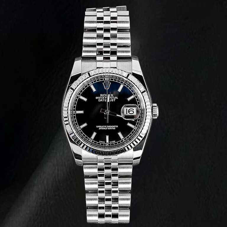 Rolex Datejust 116234 36 mm Armbanduhr aus Edelstahl mit schwarzem Zifferblatt und leuchtenden Stabindizes