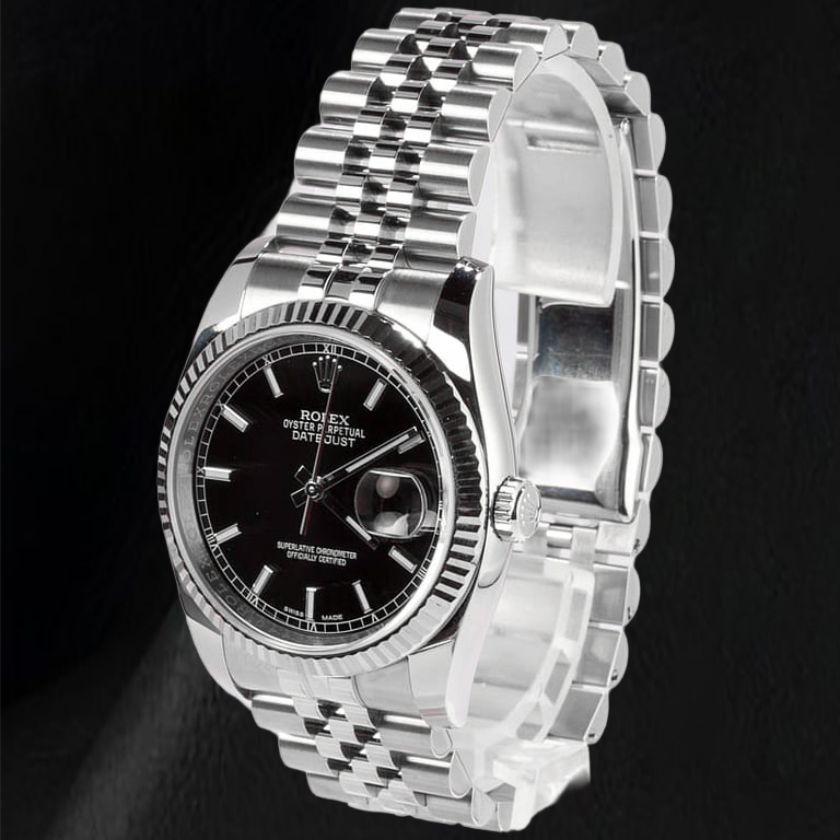 Rolex Datejust 116234 36 mm Armbanduhr aus Edelstahl mit schwarzem Zifferblatt und leuchtenden Stabindizes