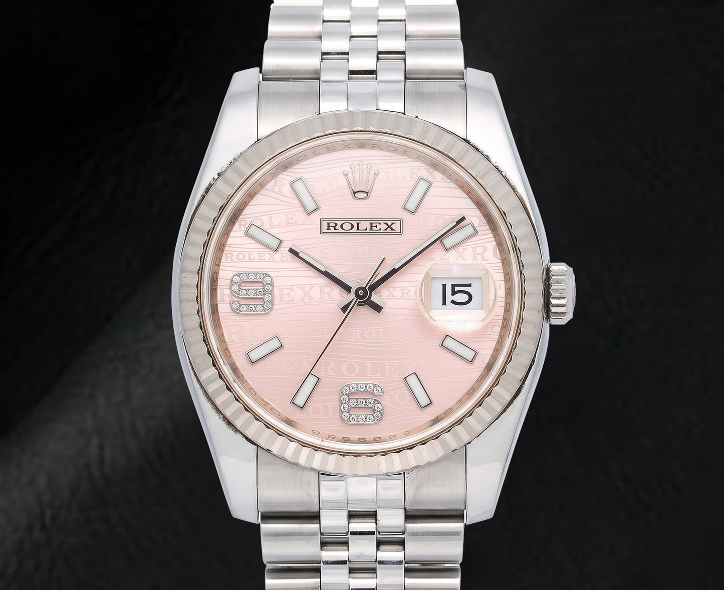 Rolex Datejust 116234 36 mm Edelstahl-Armbanduhr mit rosa Wellen-Diamantzifferblatt und arabischen Ziffern