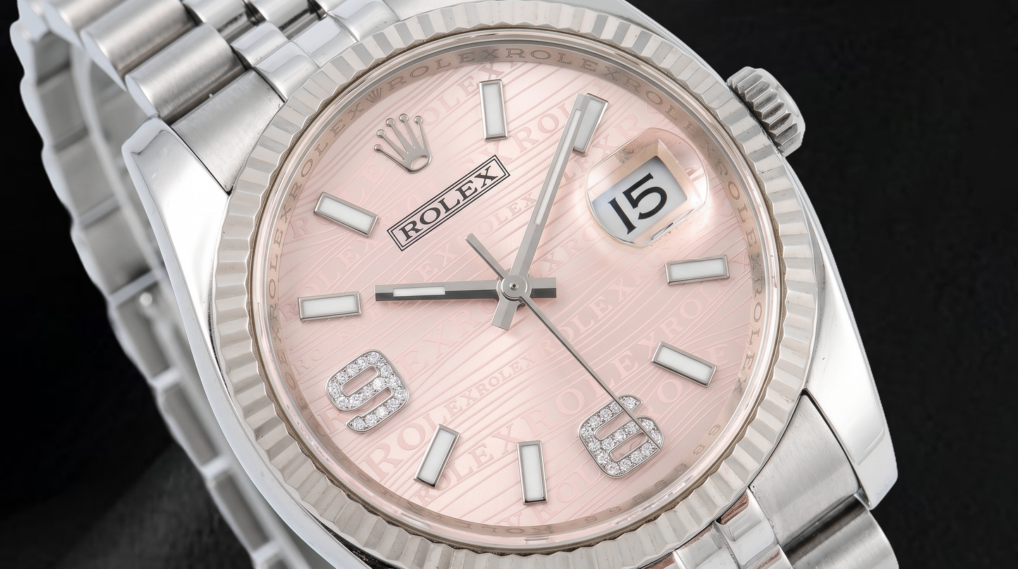 Rolex Datejust 116234 36 mm Edelstahl-Armbanduhr mit rosa Wellen-Diamantzifferblatt und arabischen Ziffern