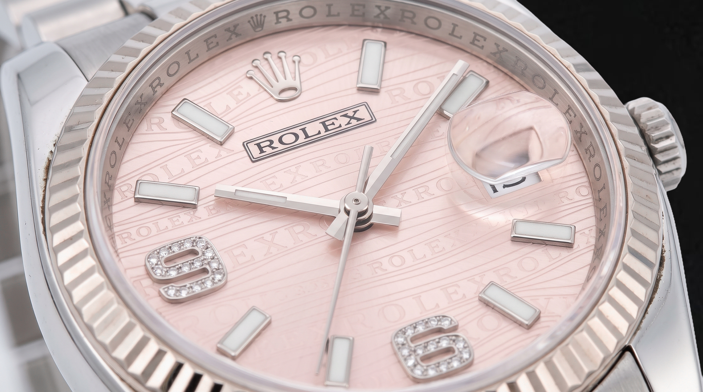 Rolex Datejust 116234 36 mm Edelstahl-Armbanduhr mit rosa Wellen-Diamantzifferblatt und arabischen Ziffern