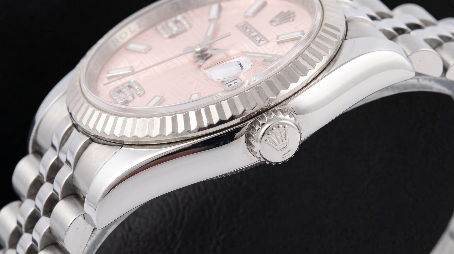 Rolex Datejust 116234 36 mm Edelstahl-Armbanduhr mit rosa Wellen-Diamantzifferblatt und arabischen Ziffern