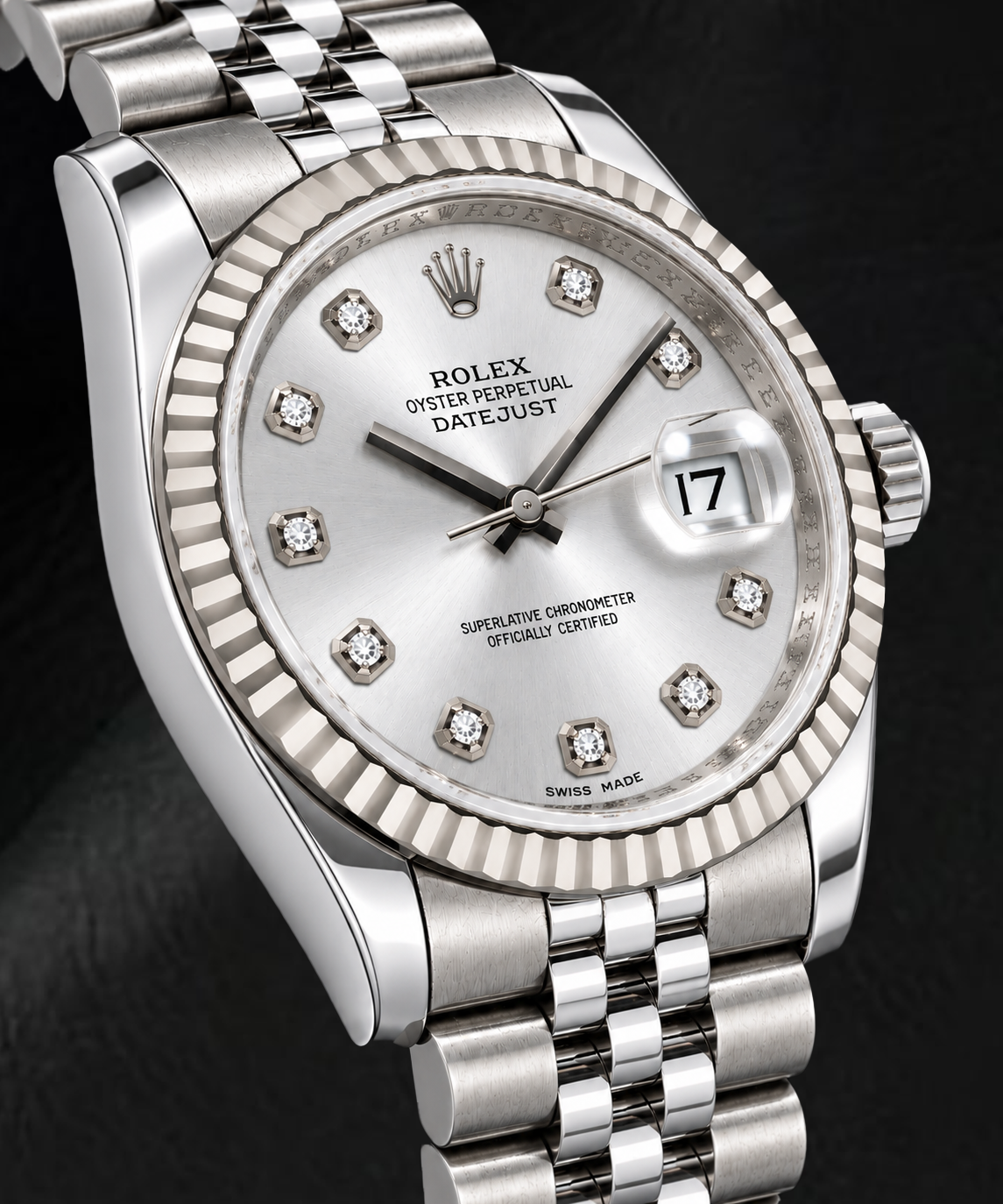 Rolex Datejust 116234 36 mm Edelstahl-Uhr mit silbernem Diamantzifferblatt