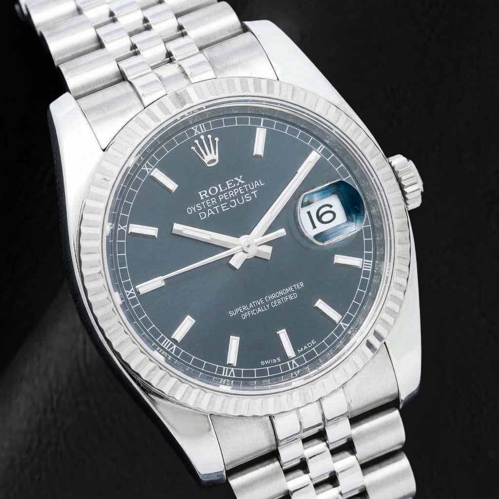 Rolex Datejust 11623 36 mm Armbanduhr aus Edelstahl mit schwarzem Zifferblatt und leuchtenden Stabindizes