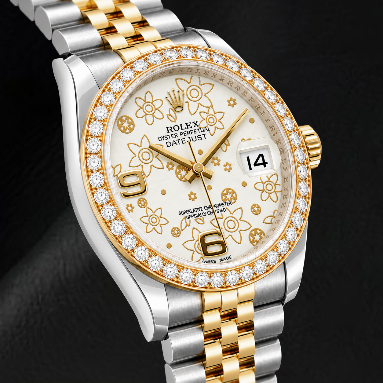 Rolex Datejust 116243 36 mm Bicolor-Uhr mit weißem floralem Zifferblatt und arabischen Ziffern