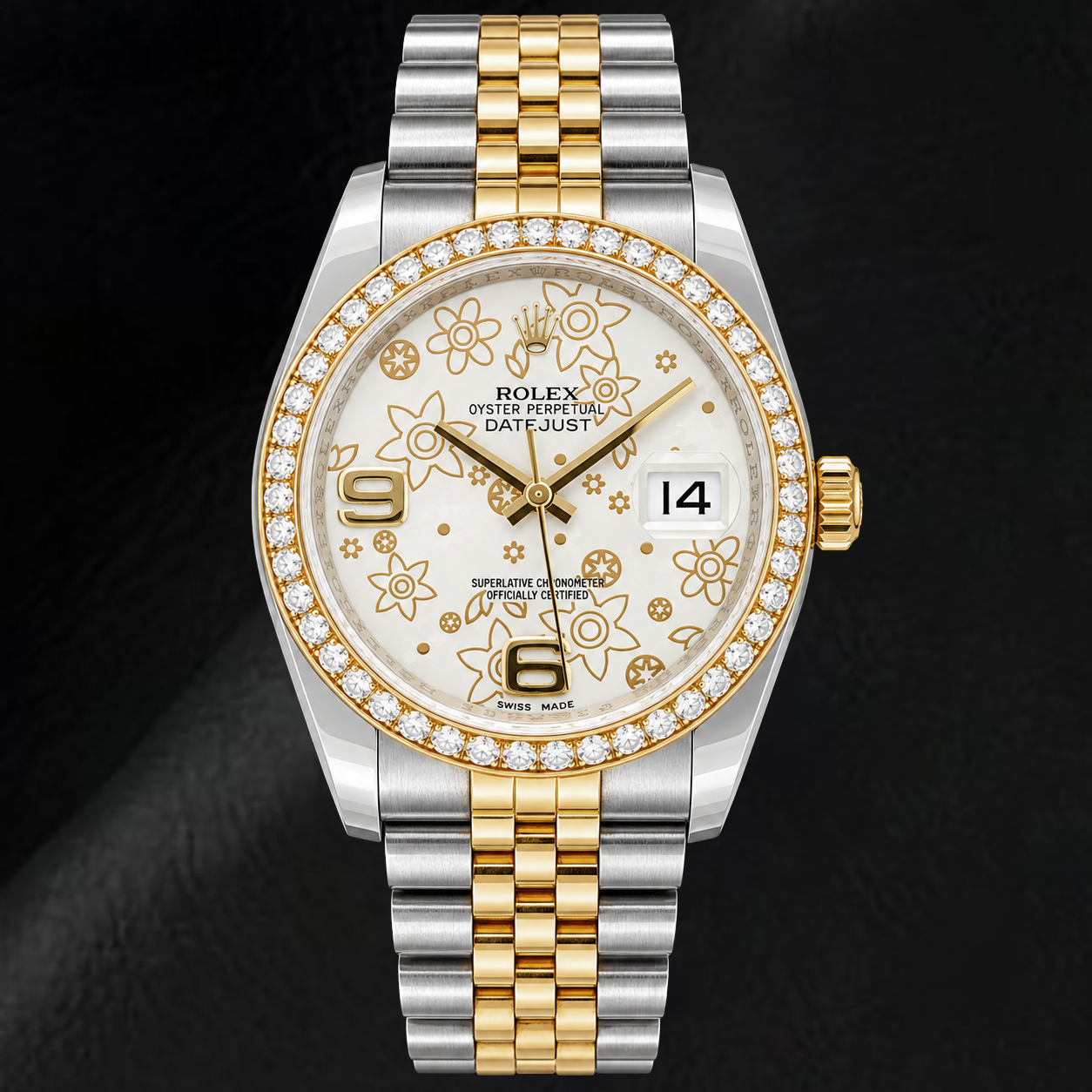 Rolex Datejust 116243 36 mm Bicolor-Uhr mit weißem floralem Zifferblatt und arabischen Ziffern