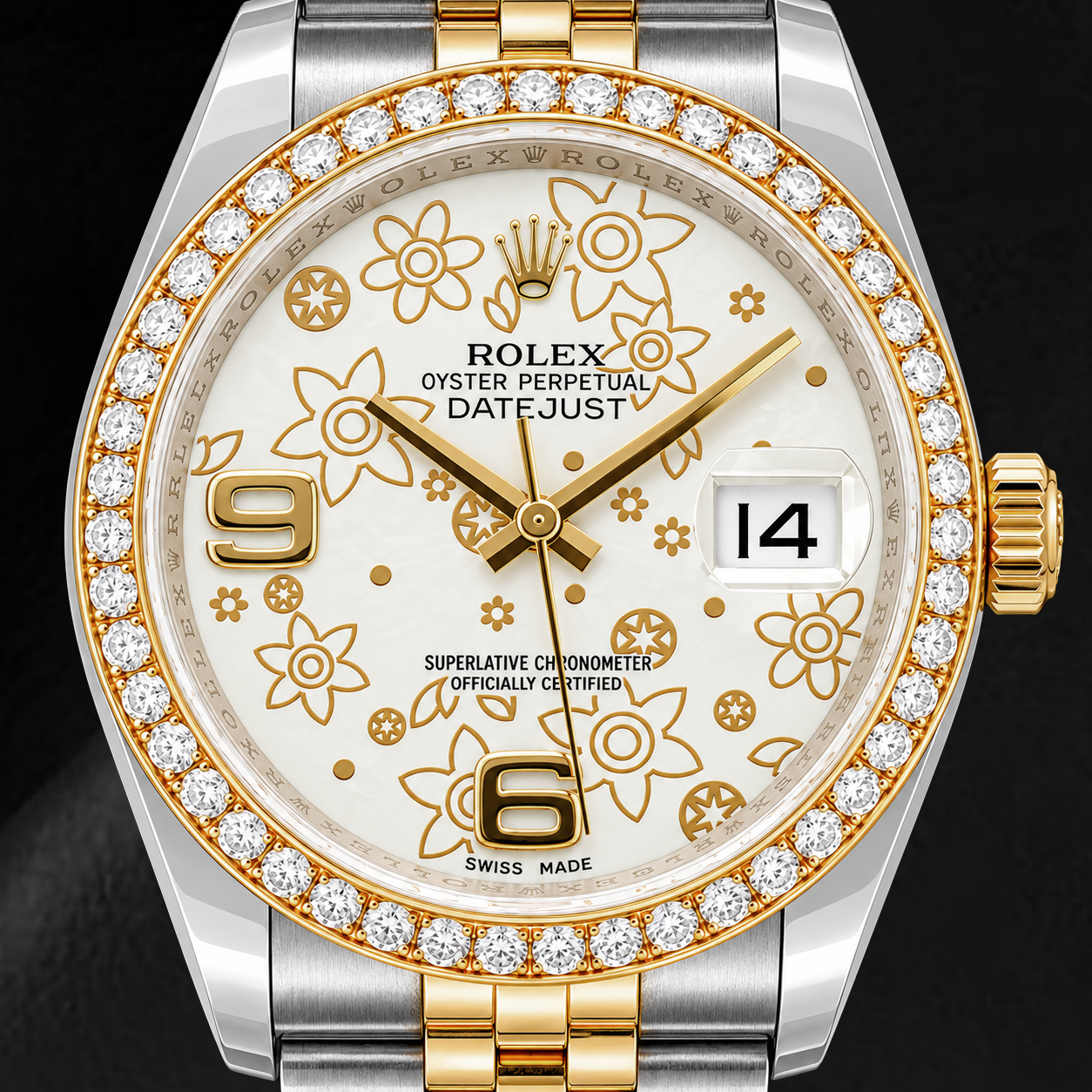 Rolex Datejust 116243 36 mm Bicolor-Uhr mit weißem floralem Zifferblatt und arabischen Ziffern