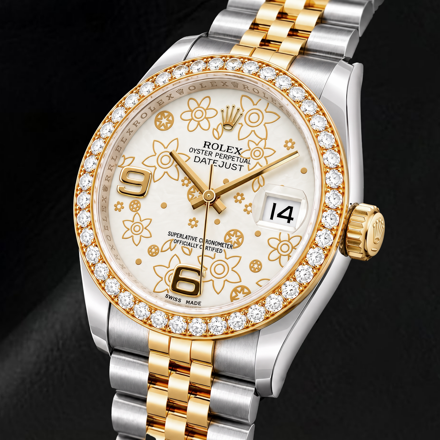 Rolex Datejust 116243 36 mm Bicolor-Uhr mit weißem floralem Zifferblatt und arabischen Ziffern