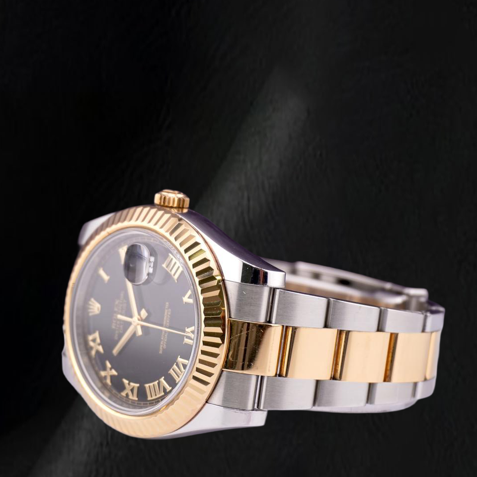 Rolex Datejust 116333 41 mm Uhr, schwarzes Zifferblatt mit römischen Ziffern, Bicolor Gold, Oyster-Armband