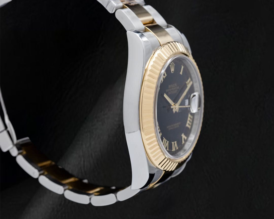 Rolex Datejust 116333 41 mm Uhr, schwarzes Zifferblatt mit römischen Ziffern, Bicolor Gold, Oyster-Armband