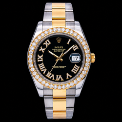 Rolex Datejust 116333 41 mm Uhr, schwarzes Diamantzifferblatt mit römischen Ziffern, Bicolor-Gold, Oyster-Armband