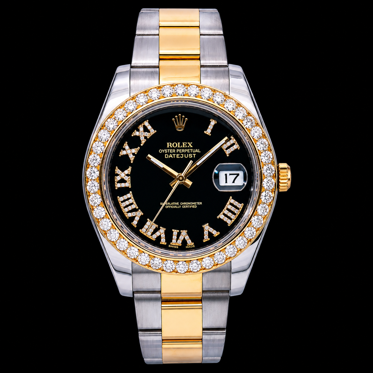 Rolex Datejust 116333 41 mm Uhr, schwarzes Diamantzifferblatt mit römischen Ziffern, Bicolor-Gold, Oyster-Armband