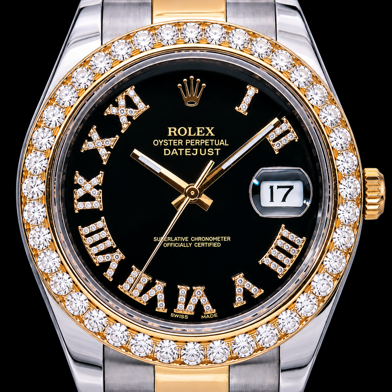 Rolex Datejust 116333 41 mm Uhr, schwarzes Diamantzifferblatt mit römischen Ziffern, Bicolor-Gold, Oyster-Armband