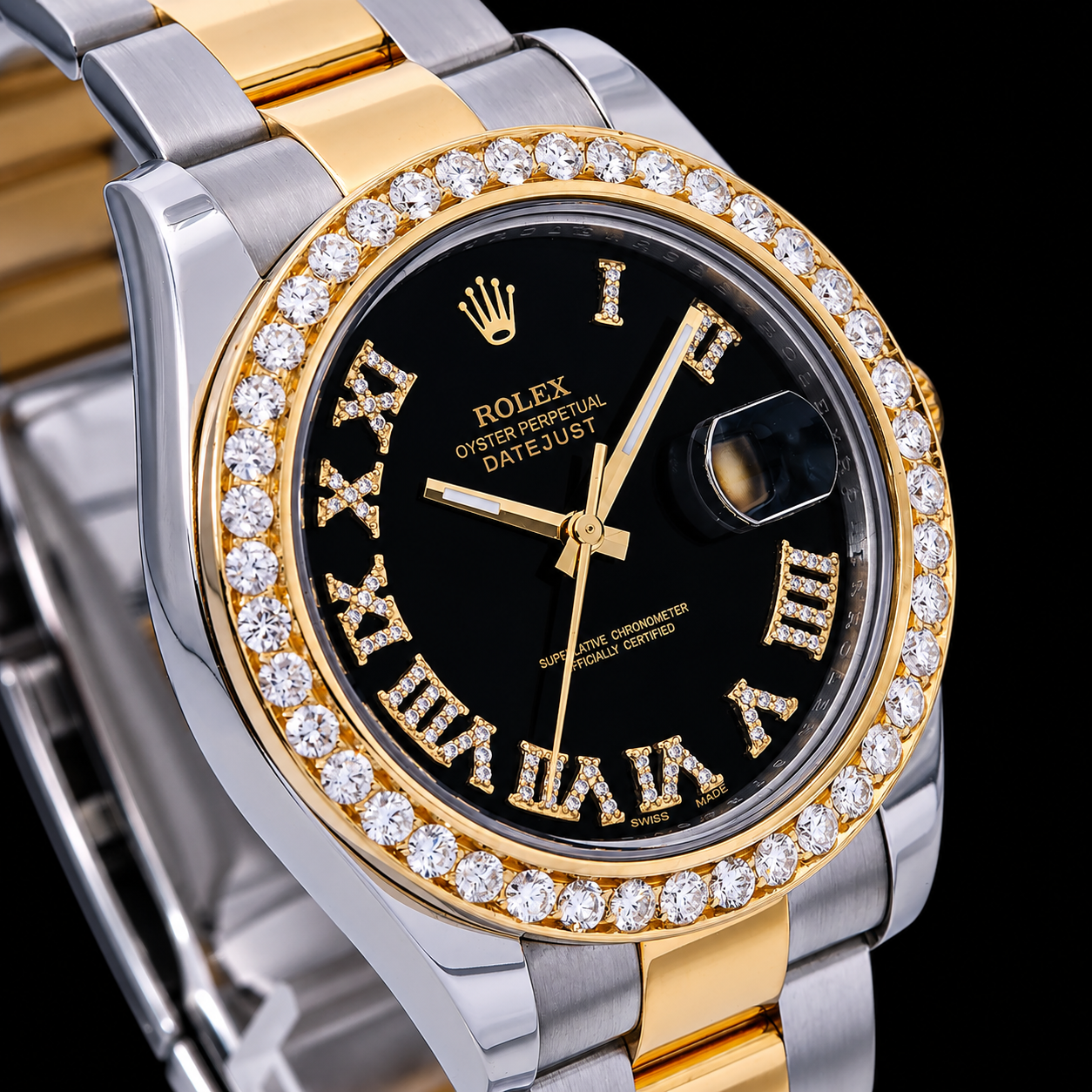 Rolex Datejust 116333 41 mm Uhr, schwarzes Diamantzifferblatt mit römischen Ziffern, Bicolor-Gold, Oyster-Armband