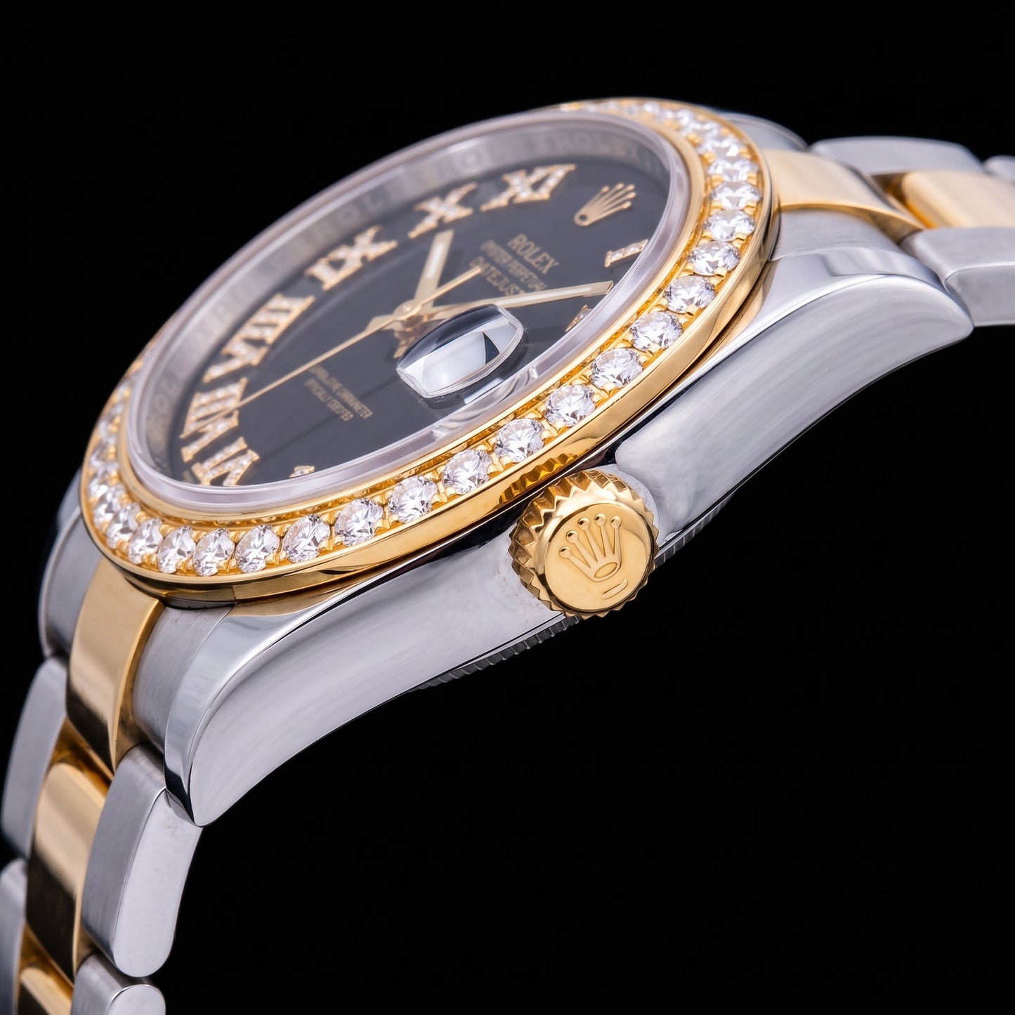 Rolex Datejust 116333 41 mm Uhr, schwarzes Diamantzifferblatt mit römischen Ziffern, Bicolor-Gold, Oyster-Armband
