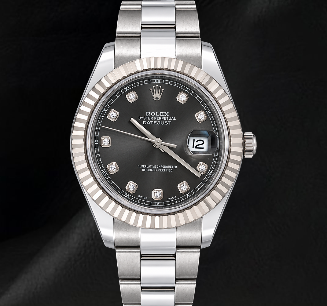 Rolex Datejust 116334 41 mm Uhr, graues Diamantzifferblatt, Edelstahl, Oyster-Armband