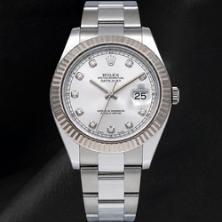 Rolex Datejust 116334 41 mm Uhr mit silbernem Diamantzifferblatt und geriffelter Lünette aus Weißgold