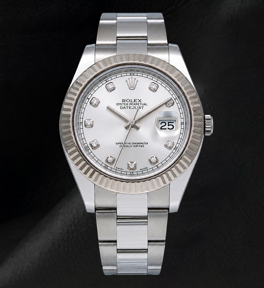 Rolex Datejust 116334 41 mm Uhr mit silbernem Diamantzifferblatt und geriffelter Lünette aus Weißgold