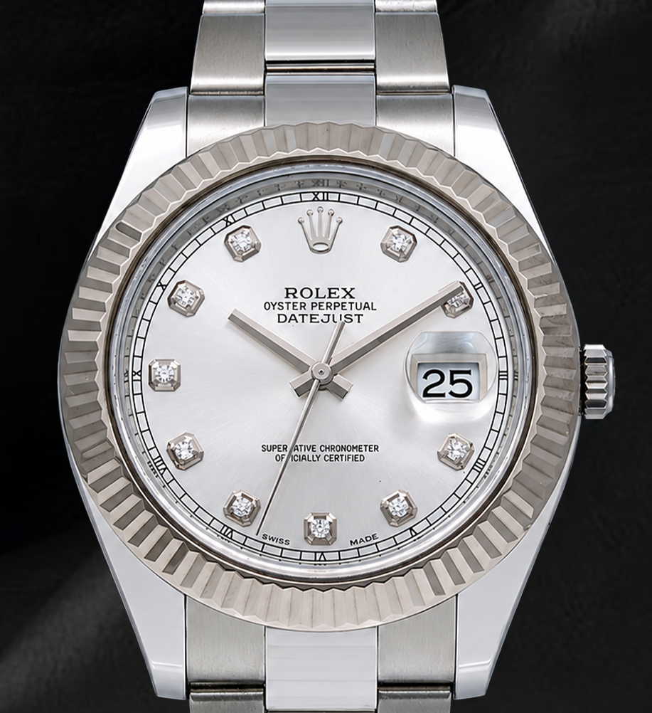 Rolex Datejust 116334 41 mm Uhr mit silbernem Diamantzifferblatt und geriffelter Lünette aus Weißgold