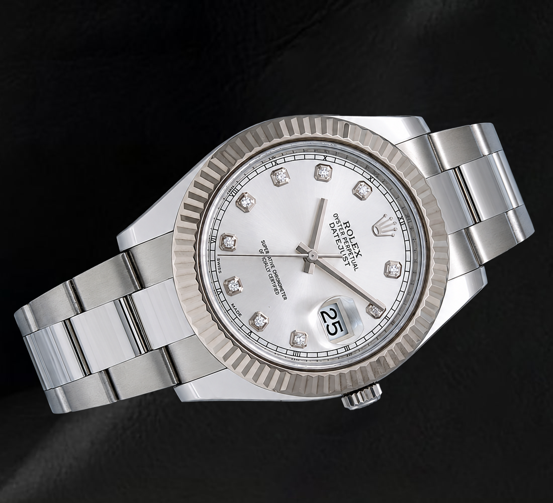 Rolex Datejust 116334 41 mm Uhr mit silbernem Diamantzifferblatt und geriffelter Lünette aus Weißgold