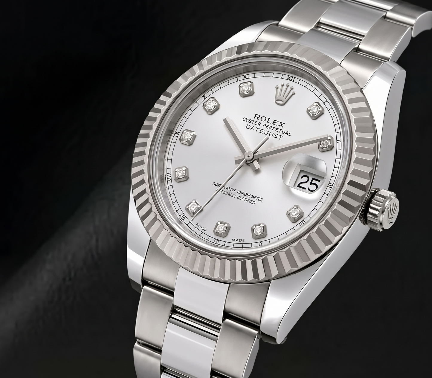 Rolex Datejust 116334 41 mm Uhr mit silbernem Diamantzifferblatt und geriffelter Lünette aus Weißgold