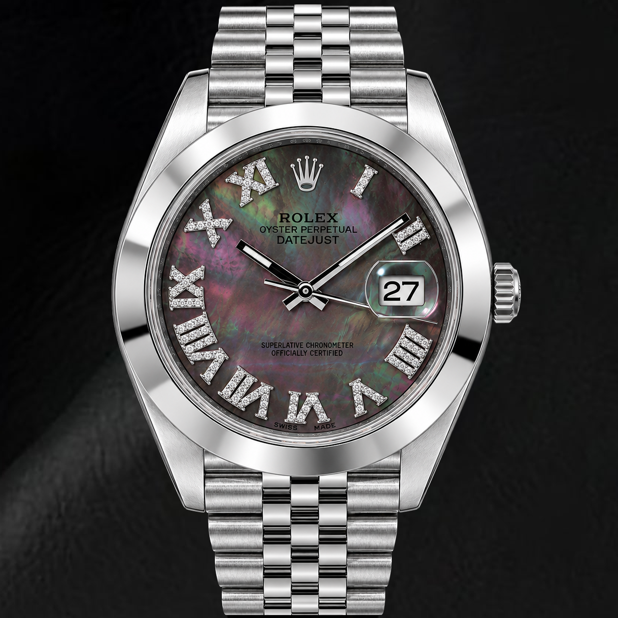 Rolex Datejust 126300 41 mm Edelstahluhr mit schwarzem Perlmutt-Diamantzifferblatt und römischen Ziffern