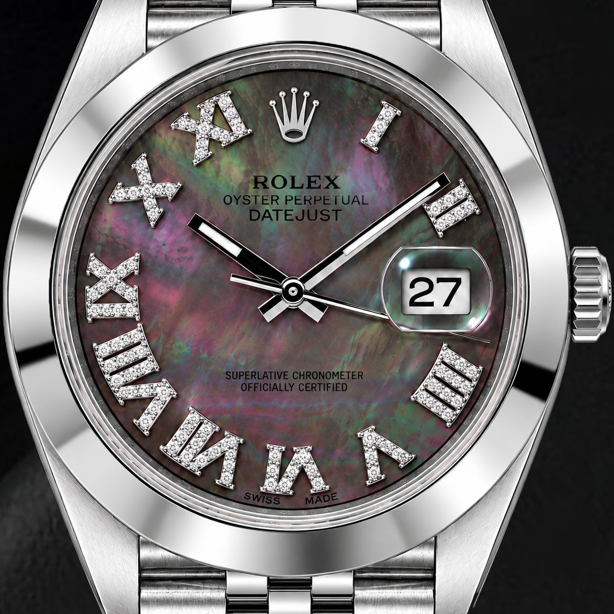 Rolex Datejust 126300 41 mm Edelstahluhr mit schwarzem Perlmutt-Diamantzifferblatt und römischen Ziffern