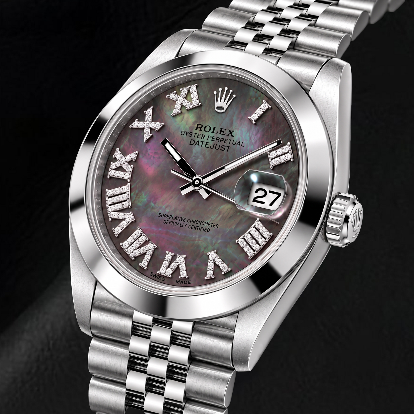 Rolex Datejust 126300 41 mm Edelstahluhr mit schwarzem Perlmutt-Diamantzifferblatt und römischen Ziffern