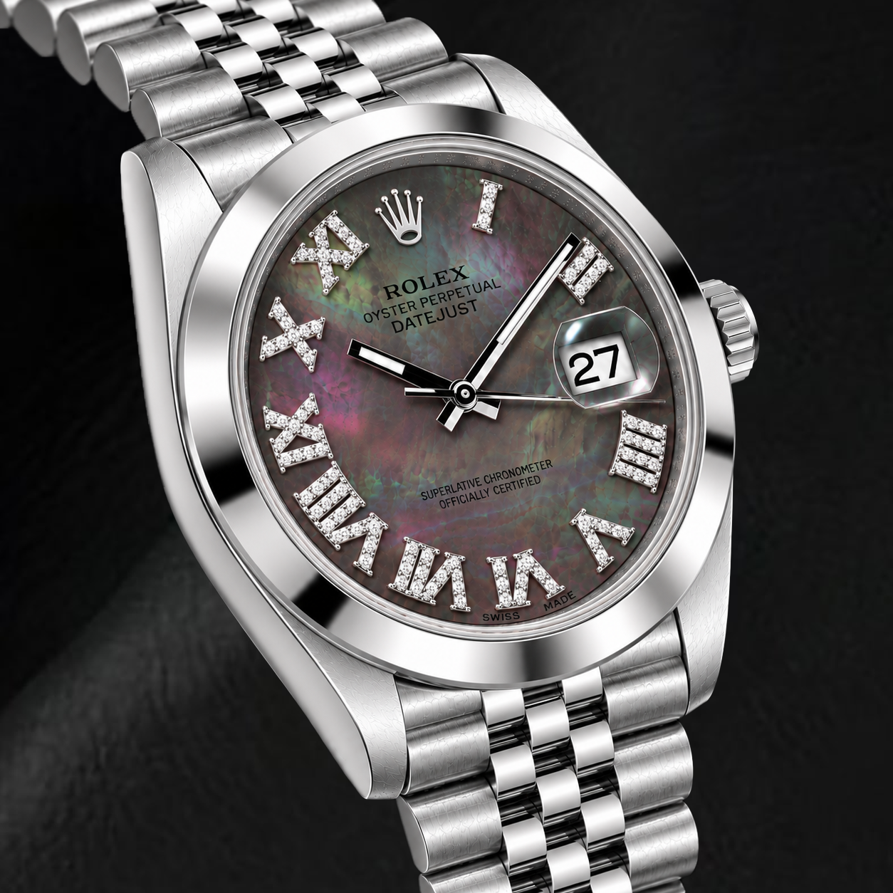 Rolex Datejust 126300 41 mm Edelstahluhr mit schwarzem Perlmutt-Diamantzifferblatt und römischen Ziffern