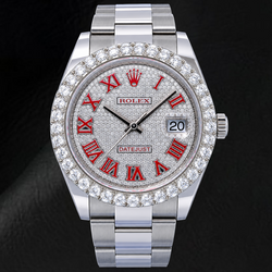 Rolex Datejust 126300 41 mm Edelstahluhr mit Diamant-Pavé-Zifferblatt und roten römischen Ziffern