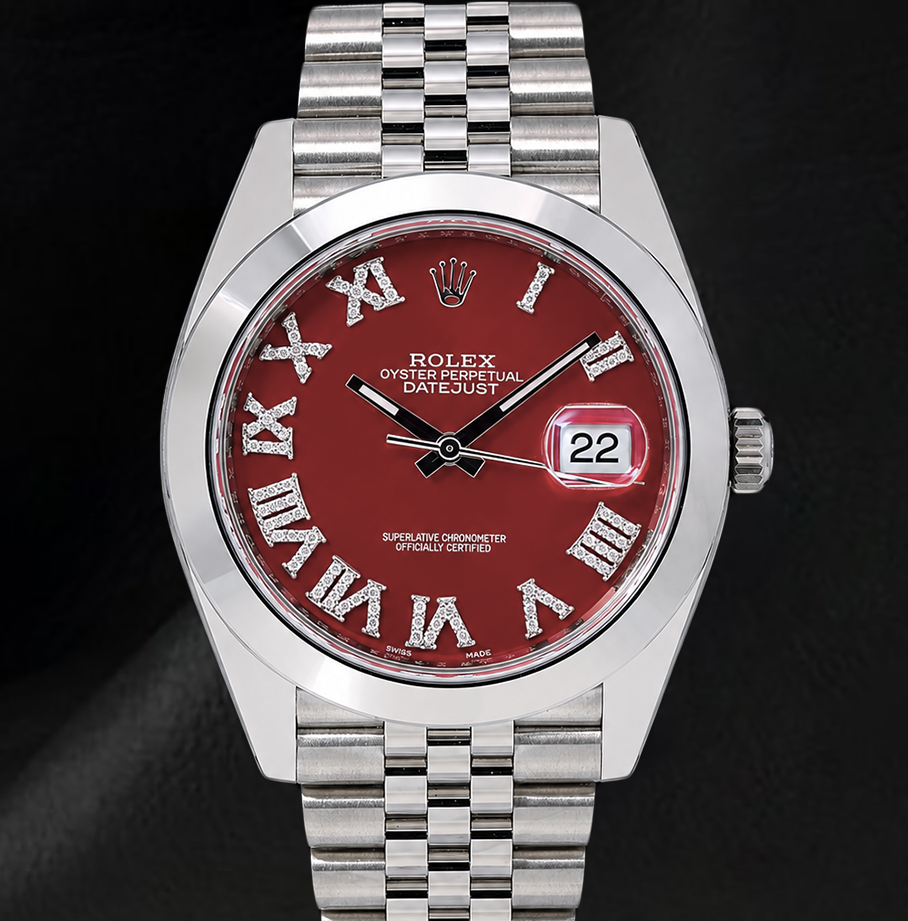 Rolex Datejust 126300 41 mm Edelstahluhr mit rotem Diamantzifferblatt und römischen Ziffern