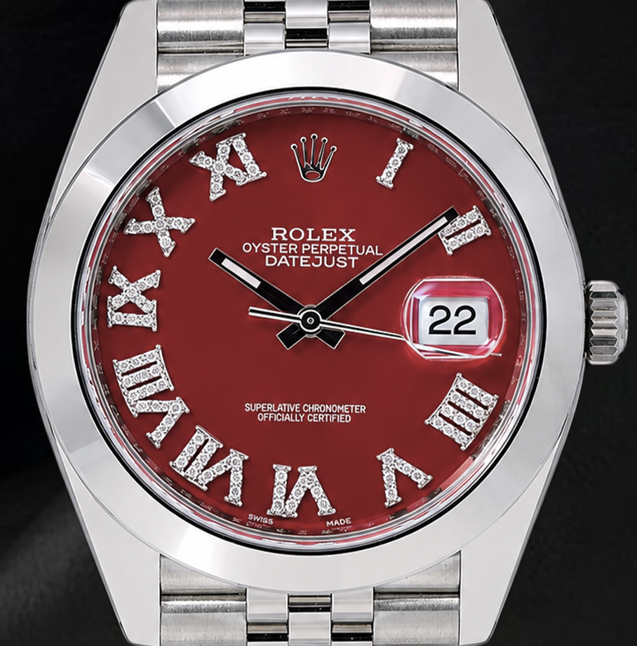 Rolex Datejust 126300 41 mm Edelstahluhr mit rotem Diamantzifferblatt und römischen Ziffern