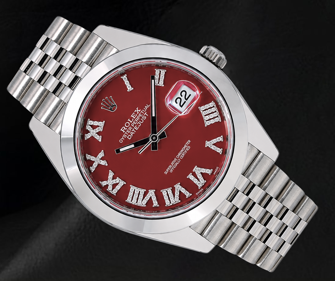 Rolex Datejust 126300 41 mm Edelstahluhr mit rotem Diamantzifferblatt und römischen Ziffern